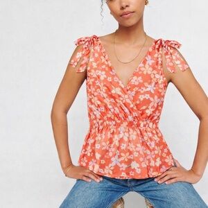 GILLI Floral Shoulder Ribbon Ties Smocked Waist Ruffle Top S